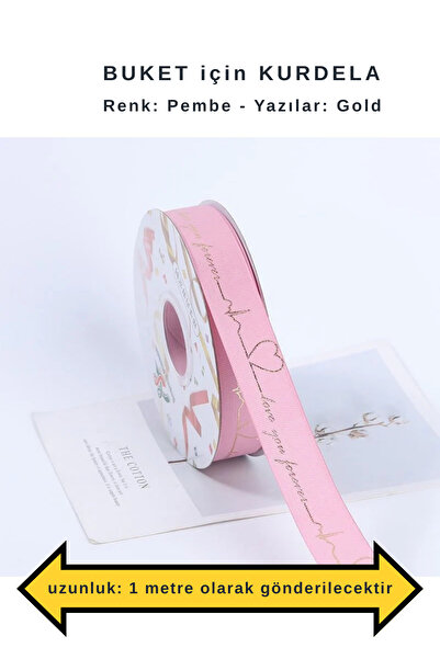 COLORPAK Çiçek Buketi için kurdele PEMBE (1 metre uzunluk) 2,5 cm en (LOVE YO...