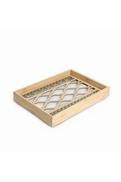 WOOD Set of two wooden serving trays with a glass base and laser-cut decorati...
