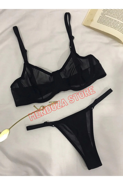 mendoza store Set sutien chiloți cu tul cu broderie neagră