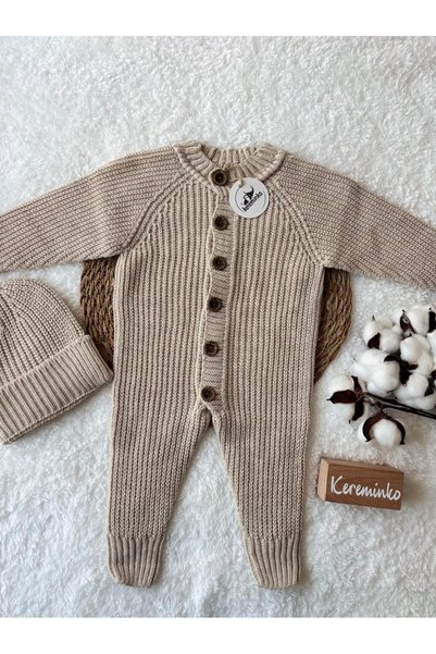Kereminko Bebek Buttoned Beige Thessaloniki Knitted Baby Romper with Hat 3-6, 6-9, 9-12 Months