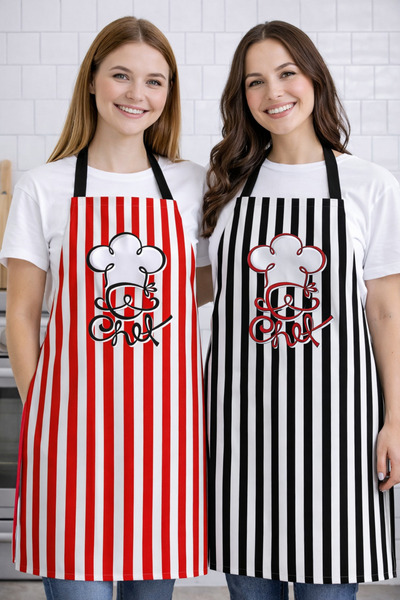 AYSHOME Ays Home Large Size Chef Cook Red Black Striped Kitchen Apron Set of 2