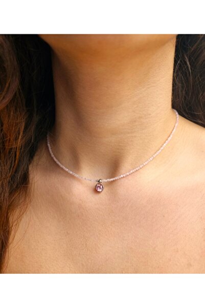 NEMOR STUDIO قلادة من الحجر الطبيعي على شكل عين القطة الوردية |   تألق ناعم