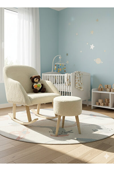 Yuems home Sallanan Ahşap Ayaklı Krem Renk Teddy Kumaş Berjer Koltuk Puf Hedi...