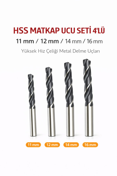 SENBANG HSS Matkap Ucu Seti 11-12-14-16 mm – 4 Adet – Yüksek Hız Çeliği Metal...