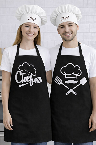 AYSHOME طقم مريلة مطبخ للطهاة باللون الأسود من آيس هوم مع قبعة مزدوجة (قبعتان...