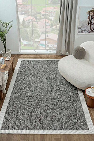 ECOSER Yıkanabilir Kaymaz Tabanlı Jut Eco Antrasit Beyaz Sisal Halı Salon Hal...