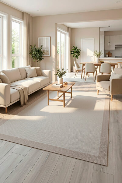 ECOSER Yıkanabilir Kaymaz Tabanlı Jut Lux Kemik-Bej Sisal Halı Salon Halısı Y...