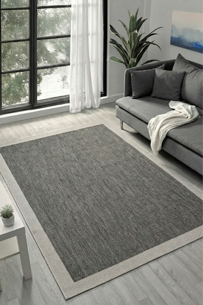 ECOSER Yıkanabilir Kaymaz Tabanlı Jut Lux Antrasit-Kemik Sisal Halı Salon Hal...