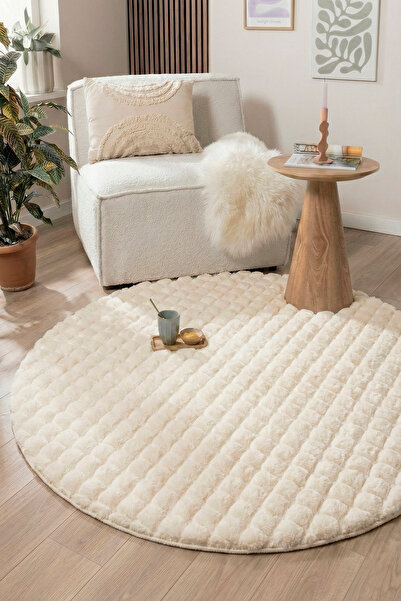 ECOSER Bubble Tavşan Tüyü Post Kaymaz Taban Yıkanabilir Krem Peluş Yuvarlak H...