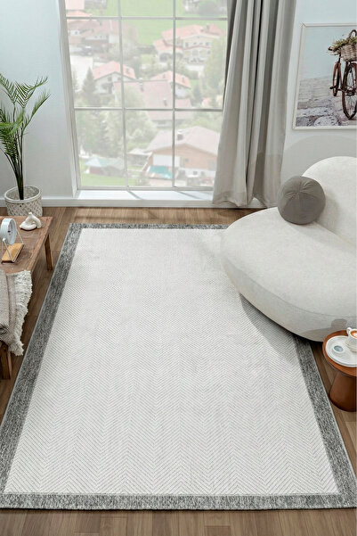 ECOSER Yıkanabilir Kaymaz Tabanlı Jut Eco Beyaz Antrasit Sisal Halı Salon Hal...