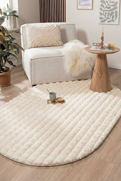 ECOSER Bubble Tavşan Tüyü Peluş Halı Oval Krem - Kaymaz Taban Tüy Dökmez Maki...