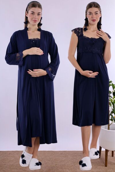 Effortt Lacivert Sabahlıklı Hamile Lohusa Gecelik Takım