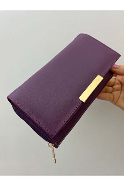 shiny ever Γυναικείο πορτοφόλι από μαλακό δέρμα δαμάσκηνου με χρυσή λεπτομέρεια