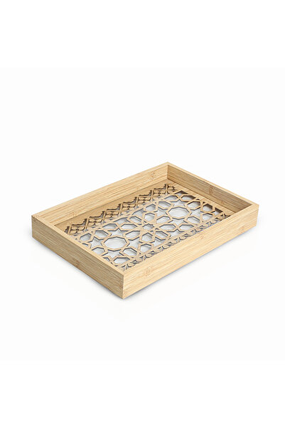WOOD Set of two wooden serving trays with a glass base and laser-cut decorati...