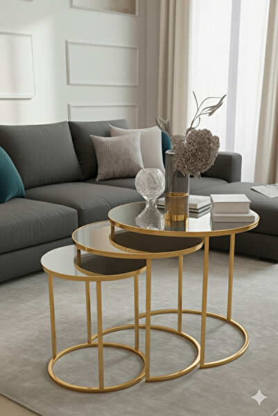 usta mekan Usta Gold Metal Gümüş (DÜZ) Aynalı 3lü Zigon Sehpa