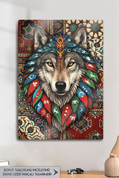 DekorHane Imprimare metalică - Bozkurt turc, tematică steagul turcesc, pictur...