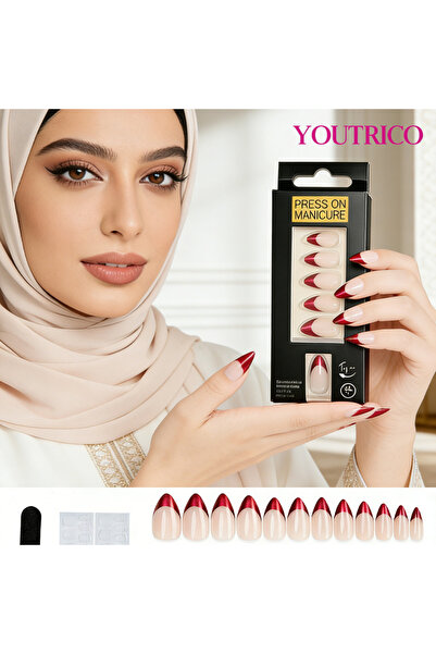 Youtrico ٢٤ أظافر صناعية، حواف حمراء فرنسية، أظافر لوزية، أظافر صناعية