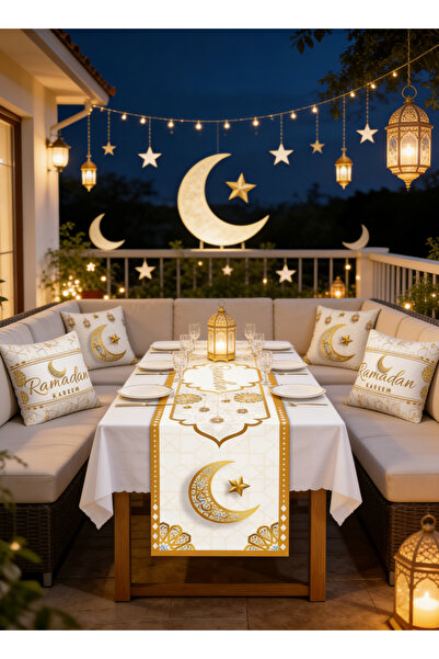 Pomefar زينة رمضانية للمنزل، مفرش طاولة رمضاني و4 أغطية وسائد مزخرفة