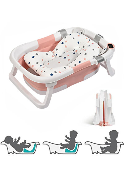 Arabest حوض استحمام قابل للطي للأطفال مزود بوسادة ومستشعر حرارة، وفتحة تصريف ...