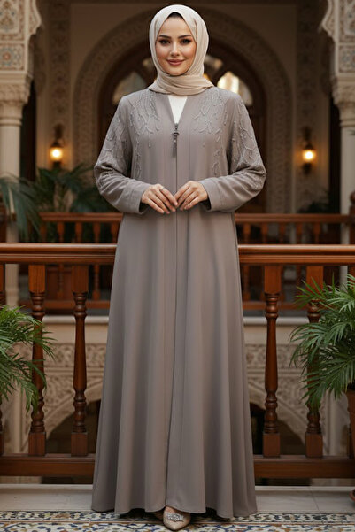 N.S NEVA STYLE Beaded Beige Hijab Abaya 29110Bej