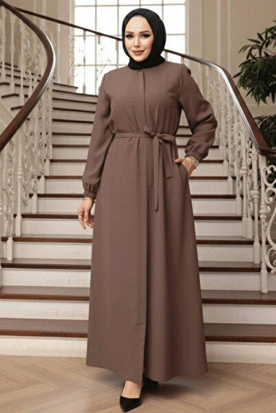 N.S NEVA STYLE Tesettür Ferace din nurcă cu centură 26391V