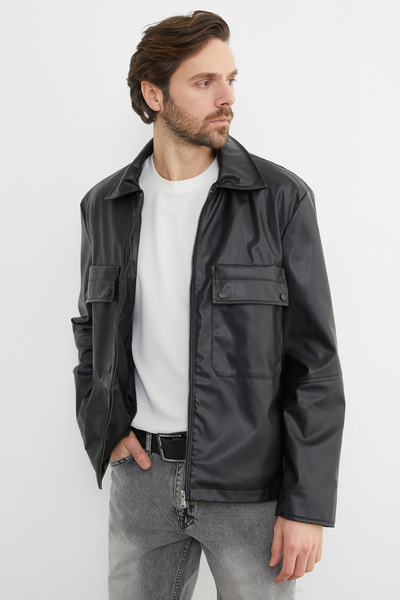 Fulla Moda Fermuarlı Çift Cepli Suni Deri Ceket