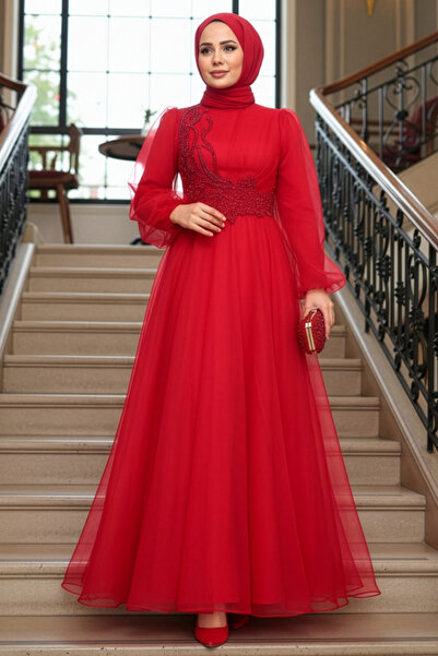 Neva Style Червона вечірня сукня з вишивкою бісером 22540K