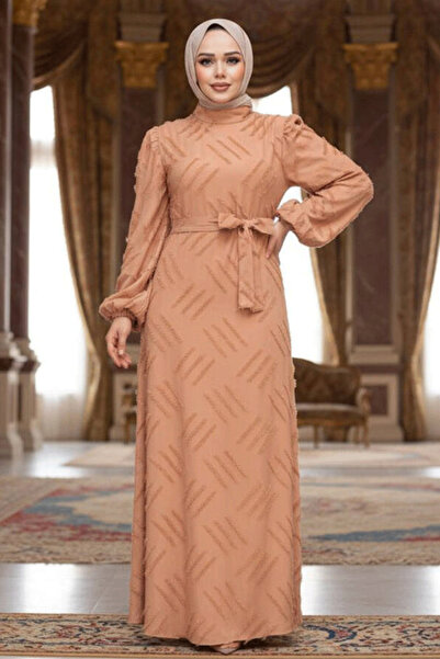 N.S NEVA STYLE Rochie Tesettür cu model, culoare camel 5298C