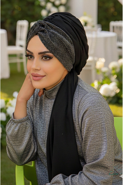 Aişe tesettür Siyah Gümüş Burgu Hazır Şal