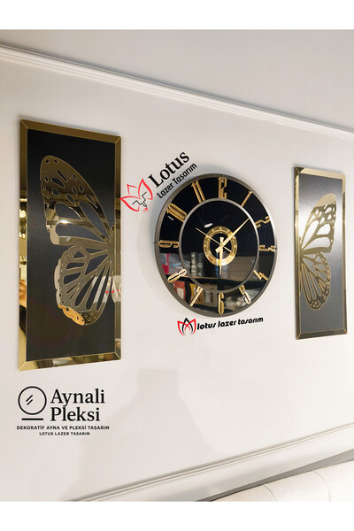 LotusLazer Tasarım 3'lü Gold Siyah Dekoratif Duvar Saati ve Tablo Seti – 70 c...