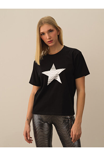 Xint Kadın Siyah Pamuk Dokulu Oversize Tişört