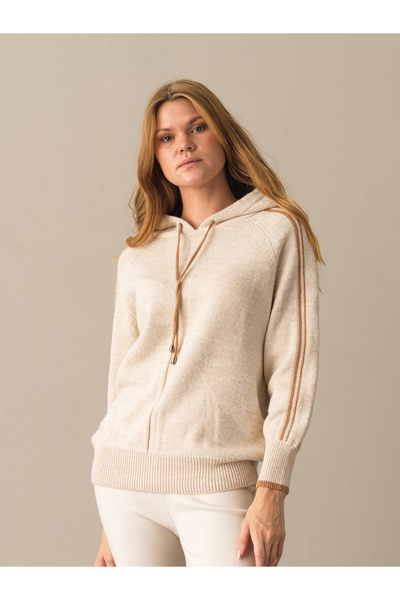 Xint Kadın Bej Kapüşonlu Oversize Triko Sweatshirt