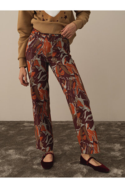 Xint Kadın Bordo Regular Fit Pano Baskı Pantolon