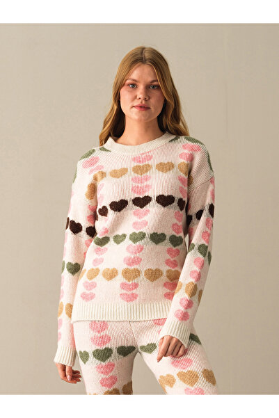 Xint Kadın Ekru Yumuşak Dokulu Oversize Desenli Kazak