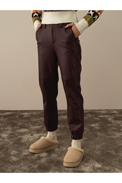 Xint Kadın Bordo Regular Fit Deri Görünümlü Pantolon