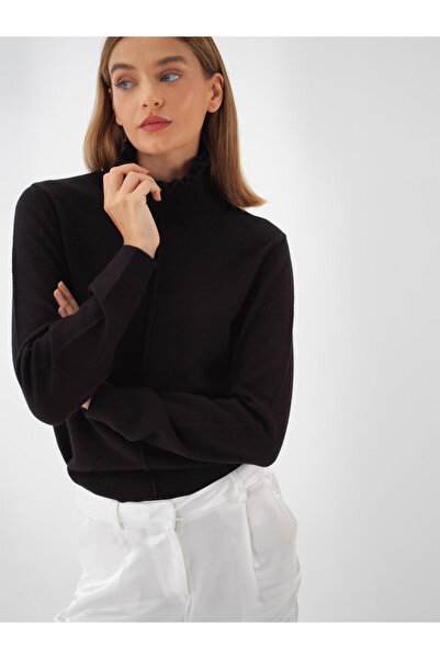 Xint Kadın Siyah Yünlü Balıkçı Yaka Düz Kazak