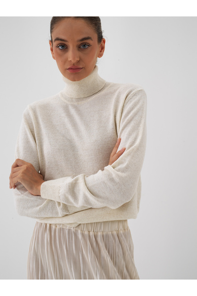 Xint Kadın Ekru Yünlü Basic Balıkçı Yaka Kazak