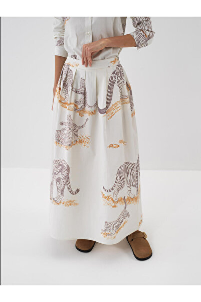 Xint Kadın Ekru %100 Pamuk Desenli Etek