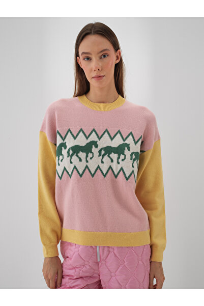 Xint Kadın Pembe Yünlü Desenli Kazak