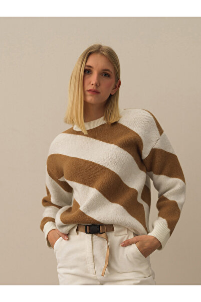 Xint Kadın Camel Lüks Pamuk Dokulu Oversize Kazak