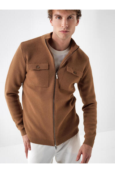 Xint Erkek Camel Doğal Yün Dokulu Regular Fit Hırka
