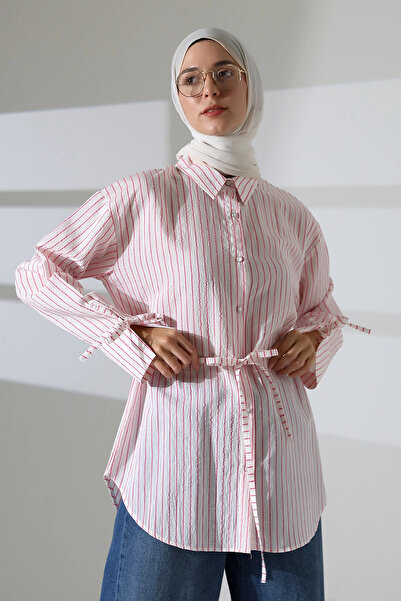 Mihran Butik قميص حجاب نسائي من القماش المنسوج باللون الوردي