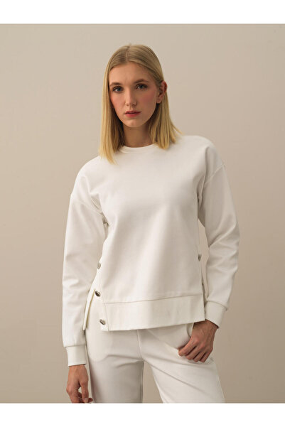 Xint Kadın Kırık Beyaz Pamuk Dokulu Oversize Sweatshirt