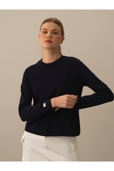 Xint Kadın Lacivert Pamuk Dokulu Regular Fit Uzun Kollu Tişört