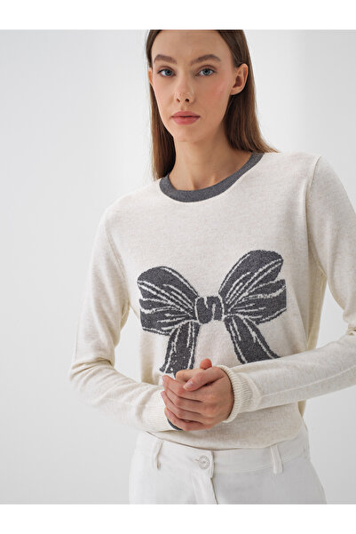 Xint Kadın Ekru Yünlü Baskılı Kazak