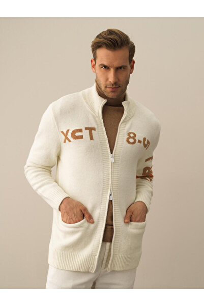 Xint Erkek Ekru Doğal Yün Dokulu Regular Fit Hırka