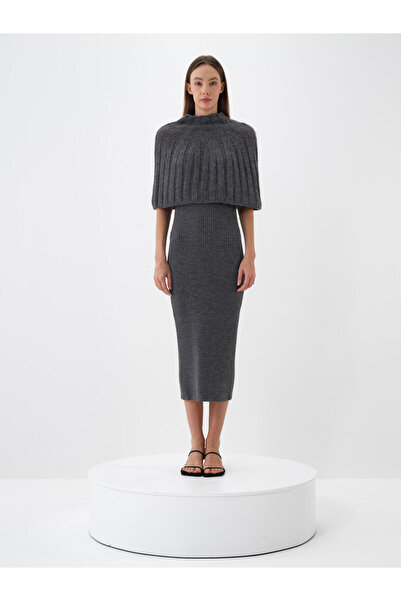 Xint Kadın Antrasıt Yünlü Düz Elbise