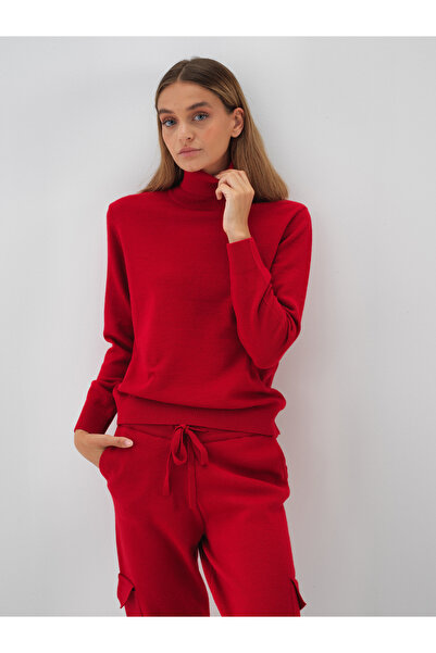 Xint Kadın Kırmızı Yünlü Basic Balıkçı Yaka Kazak