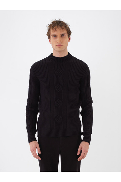 Xint Erkek Siyah Yünlü Yarım Balıkçı Yaka Kazak