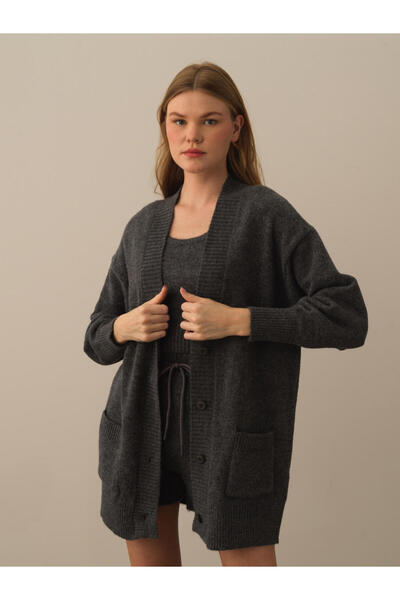 Xint Kadın Koyu Gri Lüks Pamuk Dokulu Oversize Hırka